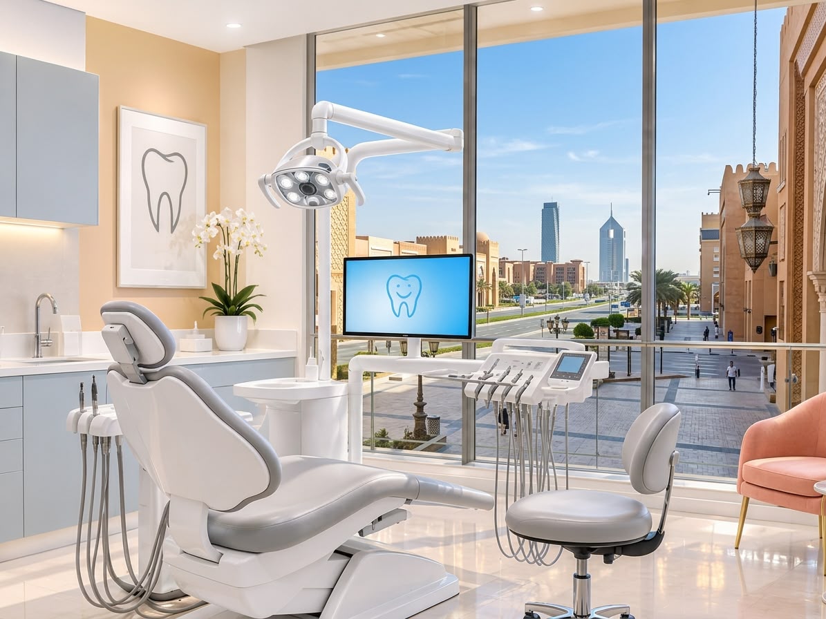 Illustrative dental room with a white chair and large windows overlooking Dubai
